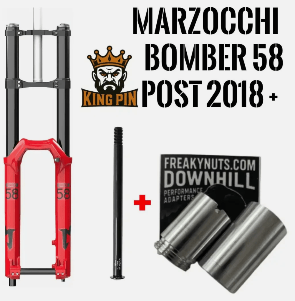 Marzocchi Bomber 58 fork Adapter + Kingpin 15mm x 100mm Thru axle.
